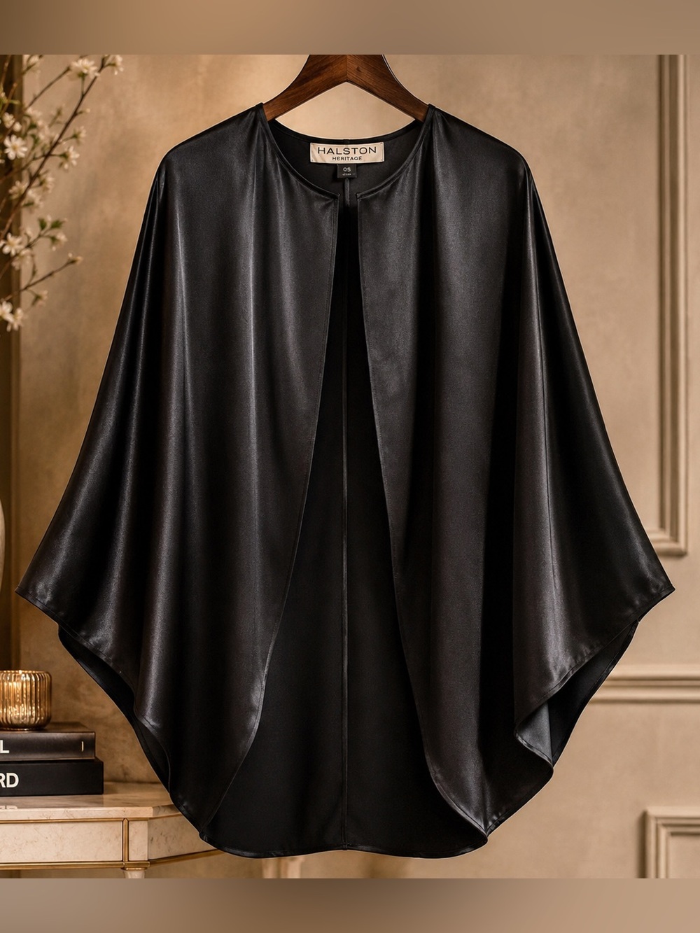 Halston Heritage Black Satin Cape Kimono Batwing Jacket OS